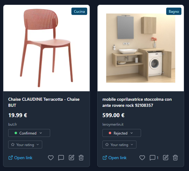 GroupPick collaborative furniture shopping board showing real-time collaboration, item ratings, and price comparison features