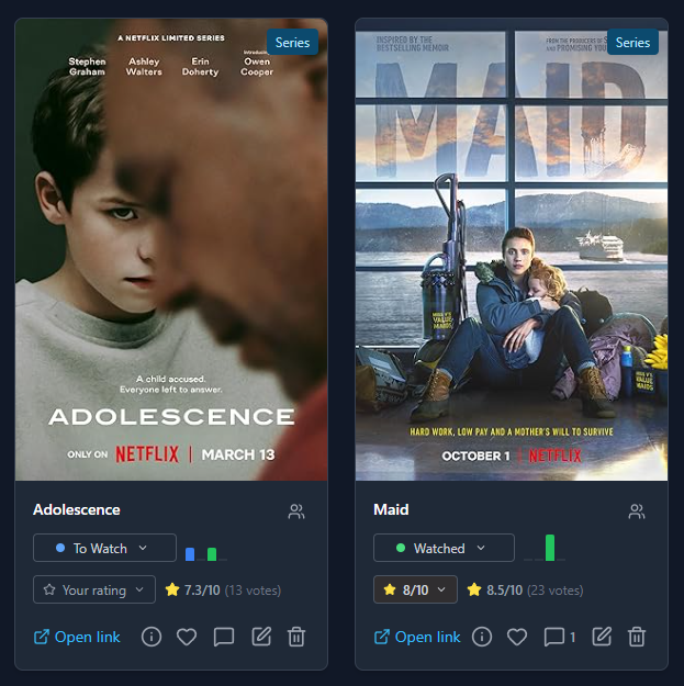 GroupPick collaborative movie and TV show watchlist interface with IMDB ratings, group ratings, and watch status tracking